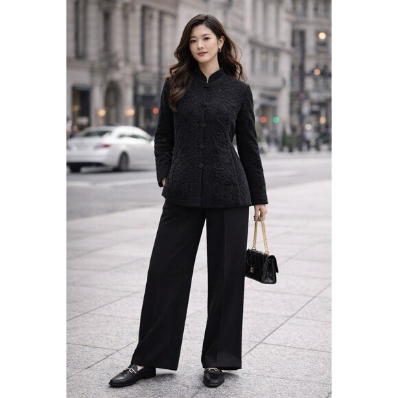 Vintage Quilted Black Velvet Mandarin Collar Jacket Women's Asian Inspired Coat - Picture 2 of 15